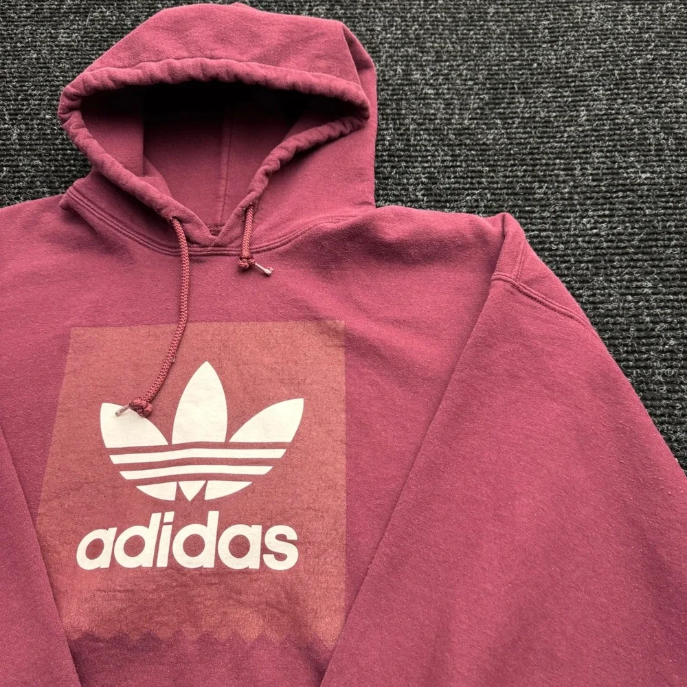 Adidas Originals Trefoil Box Logo Hoodie Mens 2XL Maroon Burgundy Pullover